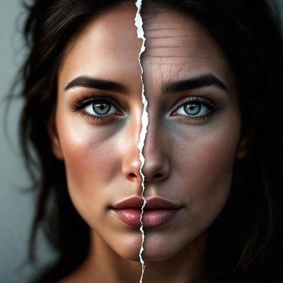 The primary subject of the image is a woman with two different faces, one young and one old. The setting is a close-up of her face, and the visual style is a black and white photo. The woman's eyes are green, and the dominant colors in the image are black and white. The overall atmosphere is dramatic and thought-provoking.